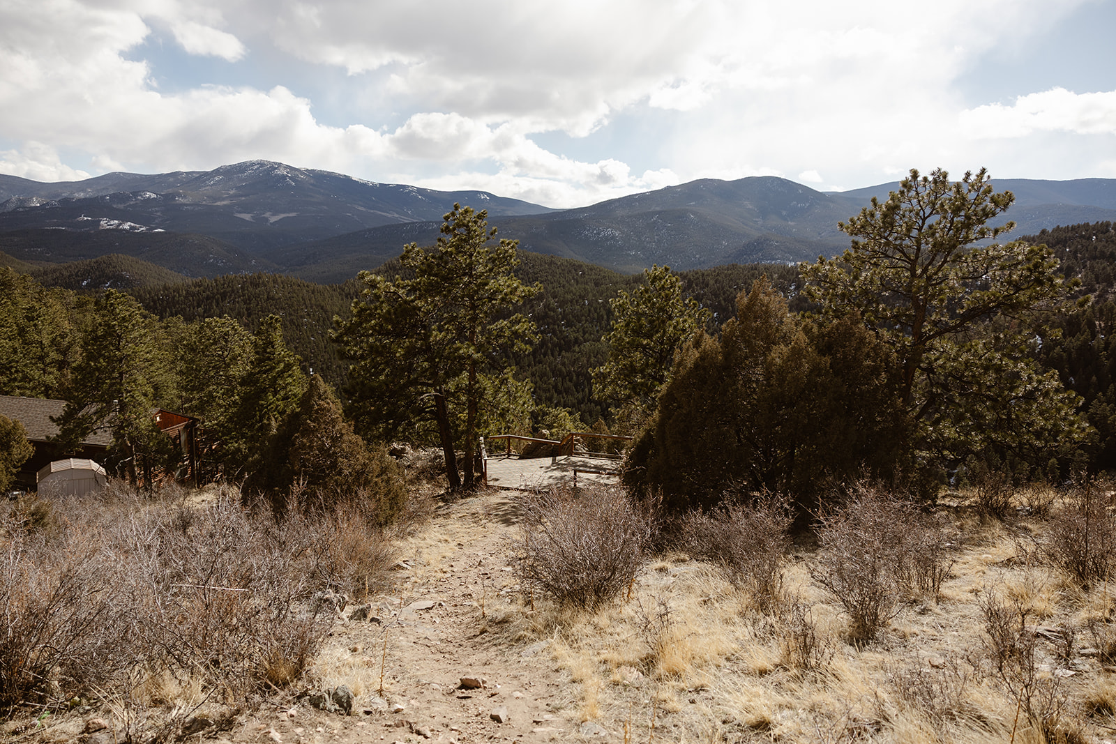 A view of the Rocky Mountains from the balcony of a VRBO property in Bailey, Colorado.