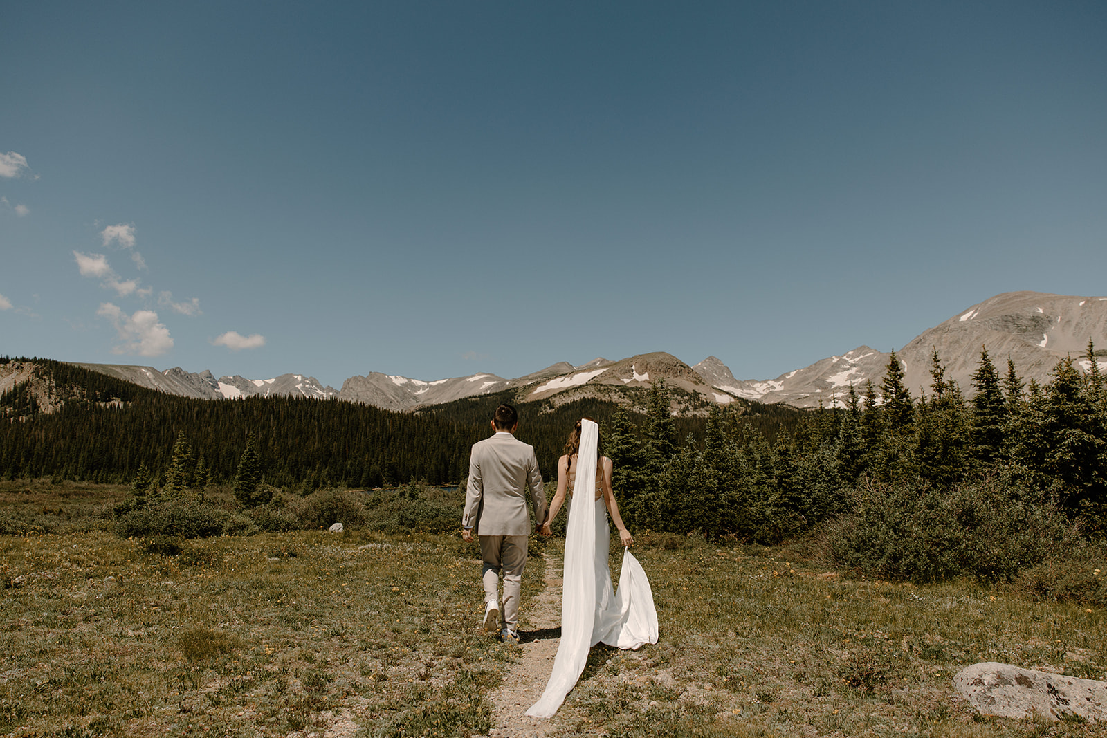 a bride and groom elope at Brainard Lake, a no hike elopement location.